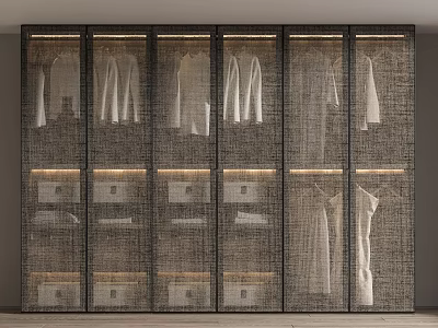 Modern Wardrobe Design With Glass Doors Hanging Clothes Storage Compartments And Built-in Lighting 3d model