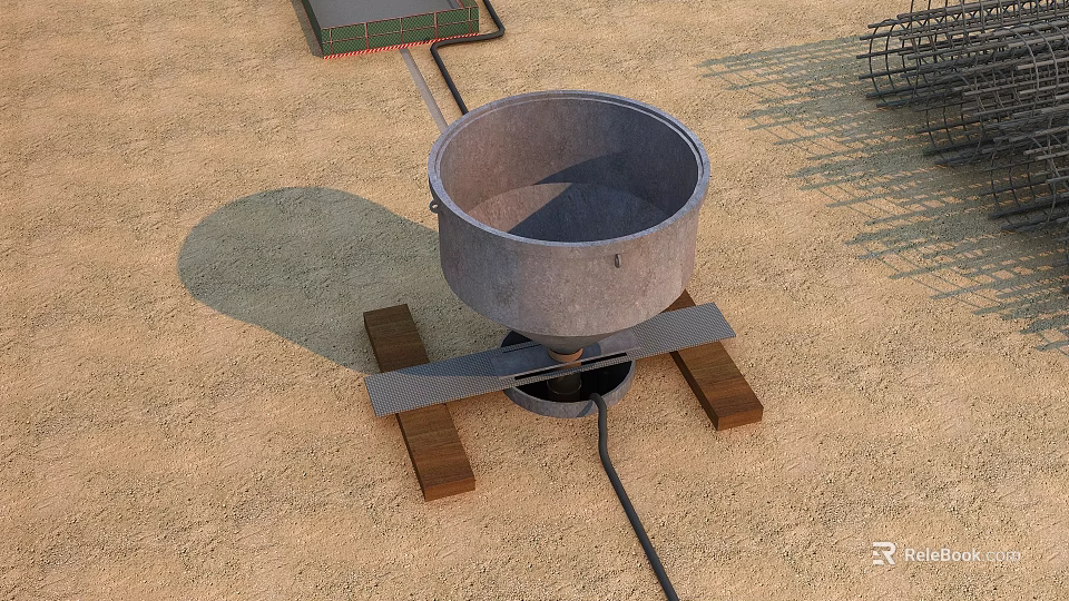 Construction Site Concrete Mixer Placed On Wooden Pallets With Sandy Ground Near Reinforcement Structure 3d model 