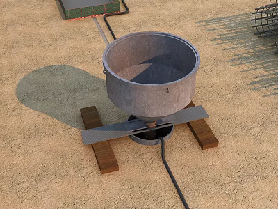 Construction Site Concrete Mixer Placed On Wooden Pallets With Sandy Ground Near Reinforcement Structure 3d model
