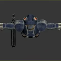 Blue Robot With Yellow Head And Rusted Armor Standing Beside Large Gun