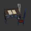 Antique Wooden Desk With Open Books And Carved Chair Near Stone Tablet