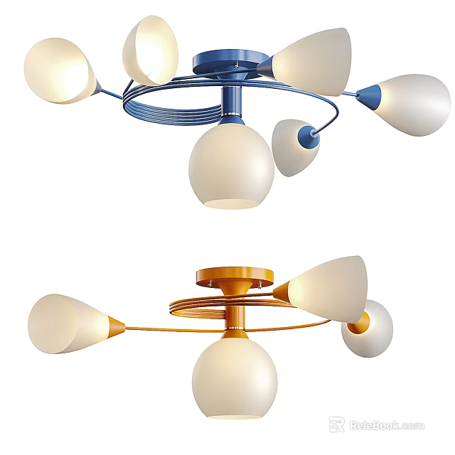 Modern Chandelier Design Featuring Multiple White Bulbs And Colored Metal Frames 3d model