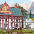 Detached Villa with Green Roof and Red Ornaments on Lawn with Mountain Backdrop and Animals