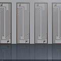 Four Modern Hinged Doors with Geometric Patterns Brown Frames and White Panels on Reflective Floor 3d model