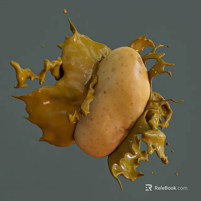 Raw Potato Surrounded by Splashing Vibrant Yellow Sauce in Dynamic Scene 3d model 