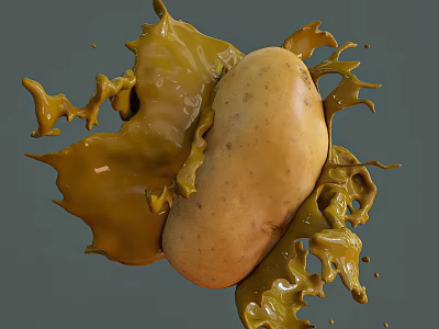 Raw Potato Surrounded by Splashing Vibrant Yellow Sauce in Dynamic Scene 3d model