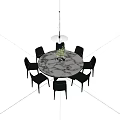 Modern Round Dining Table Set with Black Chairs Green Plants and Hanging Light 3d model