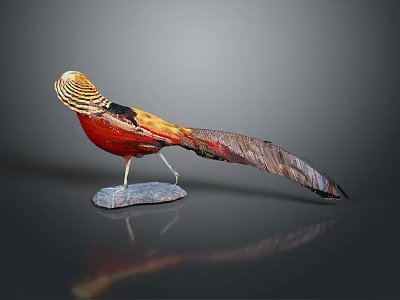 Colorful Pheasant Bird Statue Standing On Gray Stone Base With Long Tail Feathers And Dark Background 3d model