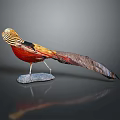 Colorful Pheasant Bird Statue Standing On Gray Stone Base With Long Tail Feathers And Dark Background