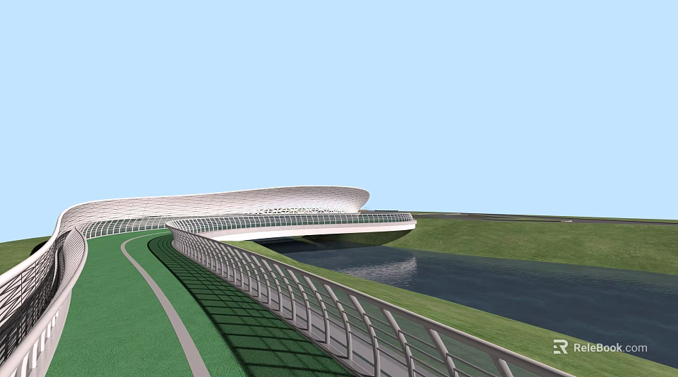 Modern Scenic Landscape Bridge With Curved Design Green Lawn And Waterfront Railing 3d model 