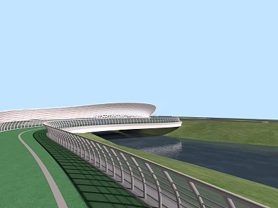 Modern Scenic Landscape Bridge With Curved Design Green Lawn And Waterfront Railing 3d model