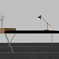 Modern Desk With Wooden Top Black Tabletop Metal Legs Table Lamp And Decorative Branch