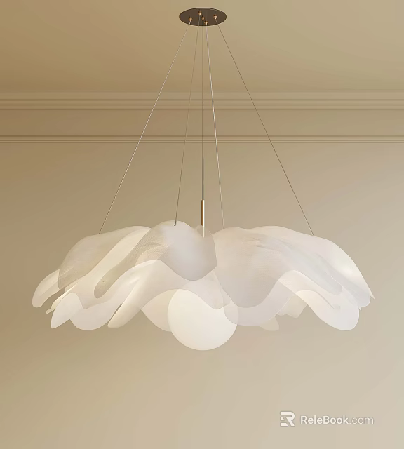 Modern White Petal Shaped Chandelier With Soft Material Shade And Metal Frame Hanging From Ceiling 3d model 