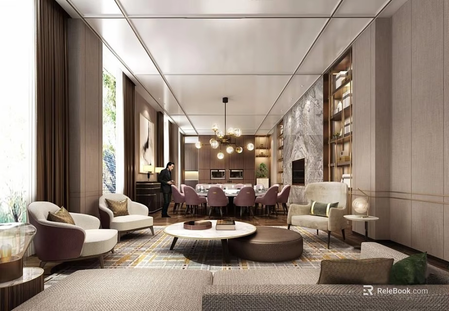 Luxury Private Box Interior With Comfortable Sofas Dining Table Bookshelves And Chandeliers 3d model 