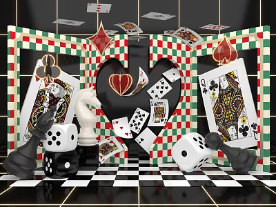 Check-in Photo Spot With Playing Cards Dice Chess Pieces Red Green Checkered Frame And Checkered Floor 3d model