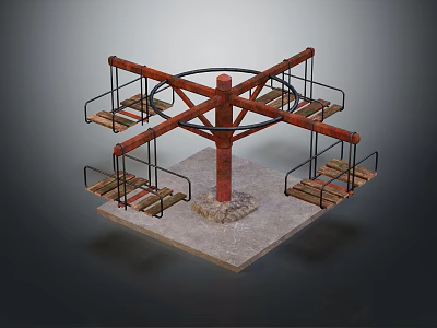 Outdoor Playground Rotating Swing Equipment With Wooden Seats Metal Frame And Concrete Base 3d model