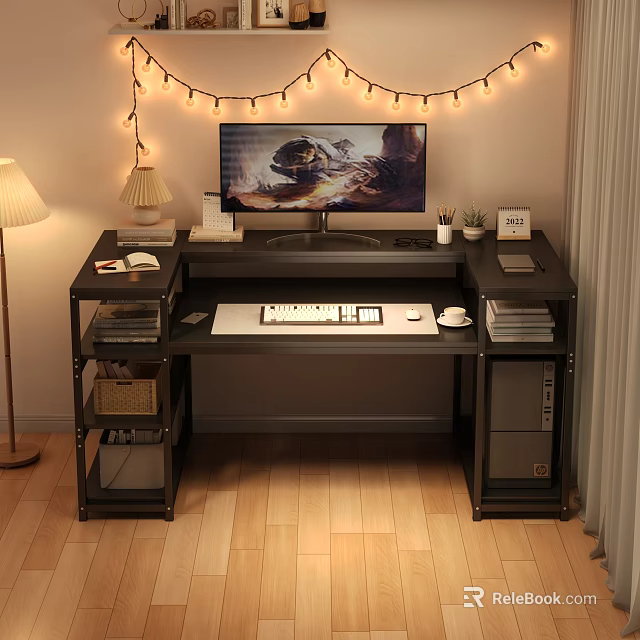 Modern Office Desk Setup With Computer Monitor Small Potted Plant Table Lamp And String Lights 3d model 