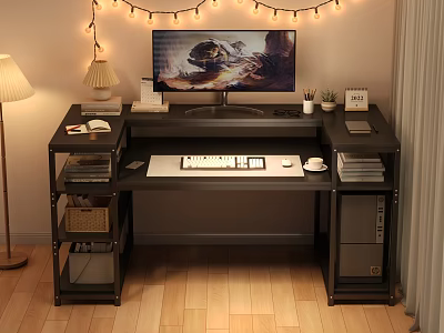 Modern Office Desk Setup With Computer Monitor Small Potted Plant Table Lamp And String Lights 3d model