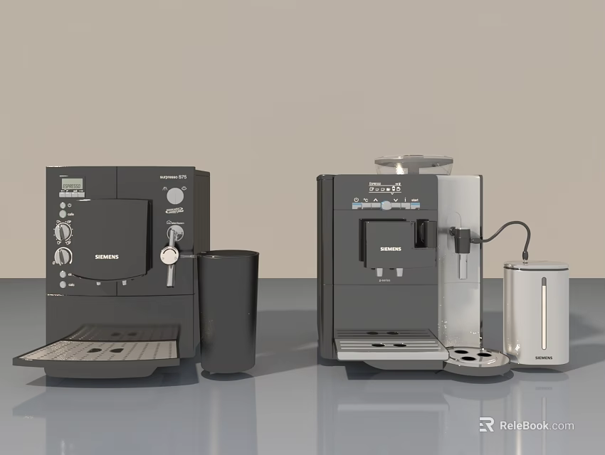 Modern Black And Silver Coffee Machines With Swing Doors And Milk Jugs 3d model 