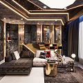 Modern Luxury Living Room Interior Design With Lighting Strips Sofa Bar Counter And Wine Cabinet