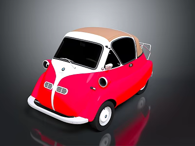 Classic Retro Compact Car Red White Body With Brown Soft Top Round Headlights 3d model