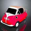 Classic Retro Compact Car Red White Body With Brown Soft Top Round Headlights