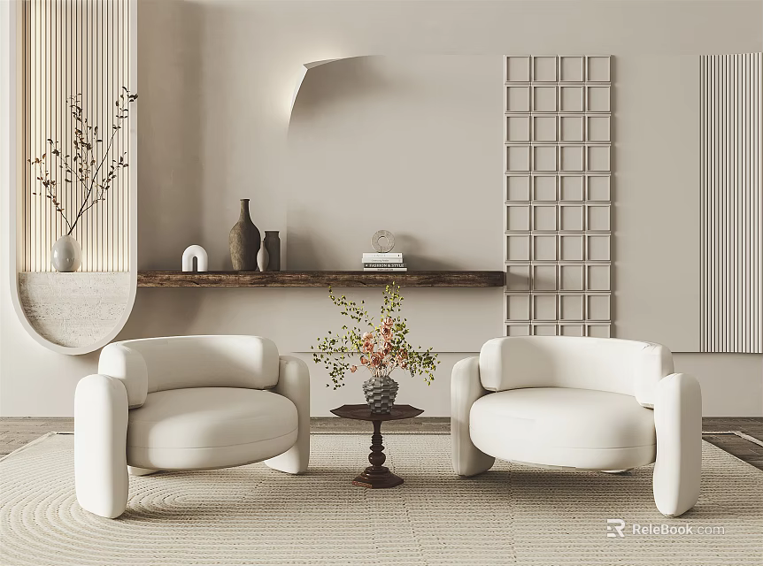 Modern White Lounge Sofa Set With Coffee Table Flowers And Beige Wall Decor Wooden Shelf 3d model 