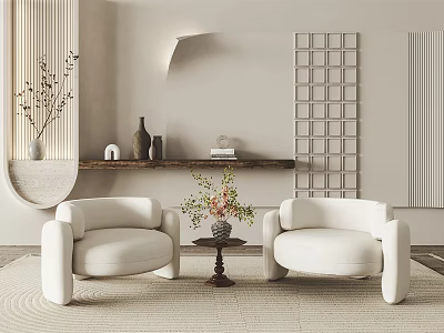 Modern White Lounge Sofa Set With Coffee Table Flowers And Beige Wall Decor Wooden Shelf 3d model