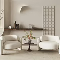 Modern White Lounge Sofa Set With Coffee Table Flowers And Beige Wall Decor Wooden Shelf