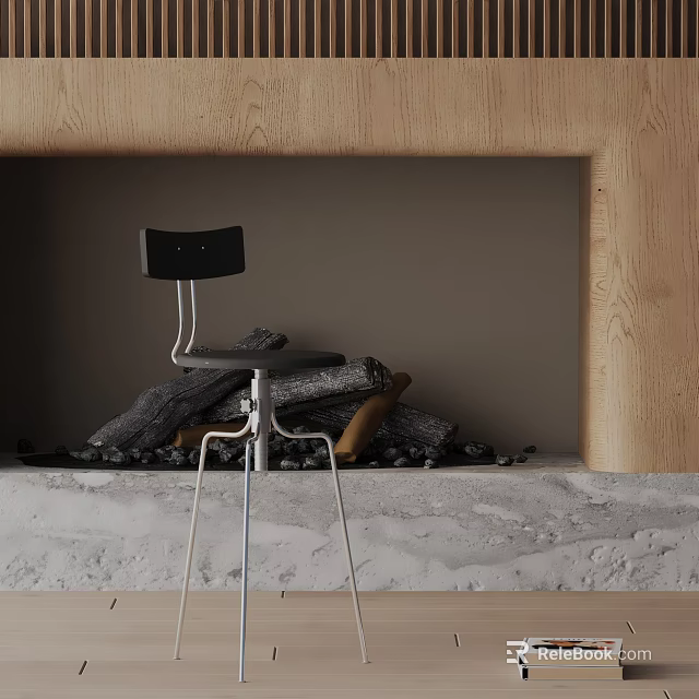 Stylish Black Bar Stool by Wooden Fireplace with Stacked Firewood on Concrete Floor 3d model 