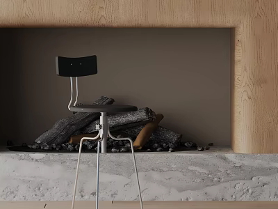 Stylish Black Bar Stool by Wooden Fireplace with Stacked Firewood on Concrete Floor 3d model
