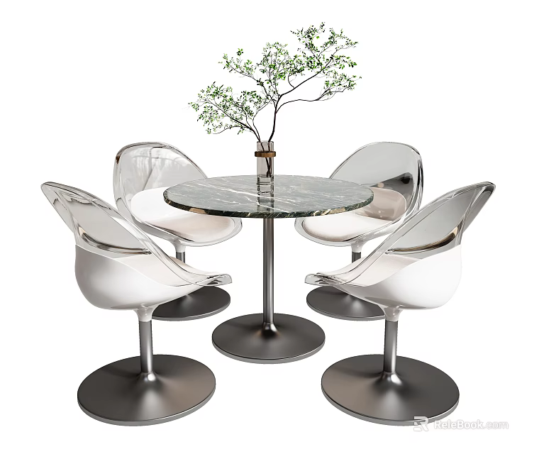 Modern Round Table and Chair Set With Marble Top Silver Chairs and Green Plant 3d model 