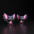 Pair of Cute Bat Characters With Large Pink Ears Sitting On Dark Background With Reflections