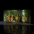 Enchanting Photo Spot Featuring Sunflowers Mushrooms Circular Arch Green Plant Background Fairy Lights Reflective Floor