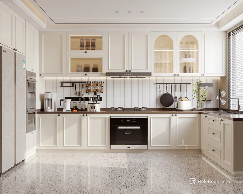 Modern White Kitchen Interior With Glass Door Upper Cabinets Marble Countertops And Appliances 3d model 