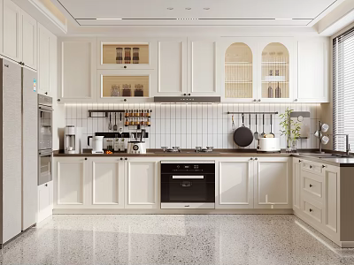 Modern White Kitchen Interior With Glass Door Upper Cabinets Marble Countertops And Appliances 3d model