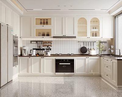 Modern White Kitchen Interior With Glass Door Upper Cabinets Marble Countertops And Appliances 3d model