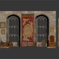Gothic Style Building Interior With Arched Windows Tapestry Wooden Furniture And Stone Walls