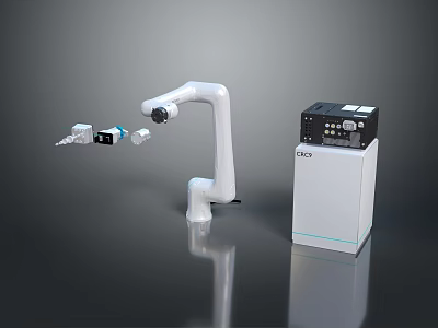 Robotic Arm Character With Control Box And Small Mechanical Parts In White Industrial Setup 3d model