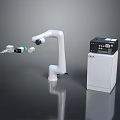 Robotic Arm Character With Control Box And Small Mechanical Parts In White Industrial Setup