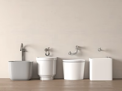 White Bathroom Fixtures With Various Faucet Designs Against Light Colored Walls And Wooden Flooring 3d model