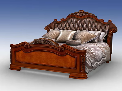 Luxury Classic Double Bed With Carved Wooden Frame And Tufted Upholstered Headboard 3d model