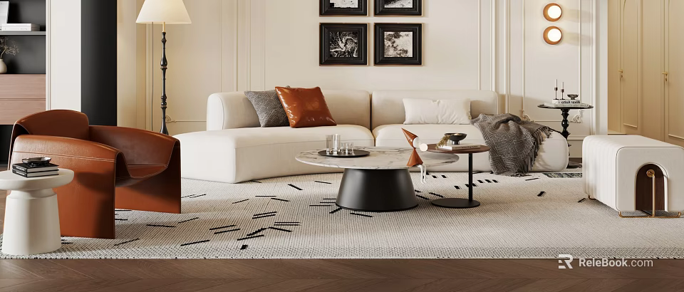 Modern Sofa Coffee Table Set with White Upholstery Gray Brown Pillows Round Marble Top Wall Art 3d model 