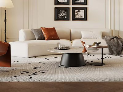 Modern Sofa Coffee Table Set with White Upholstery Gray Brown Pillows Round Marble Top Wall Art 3d model