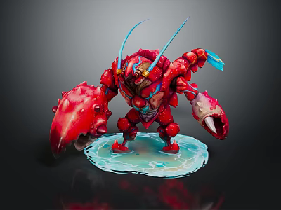 Red Muscular Character Creature With Blue Antennae Spiked Claws Standing On Blue Platform 3d model