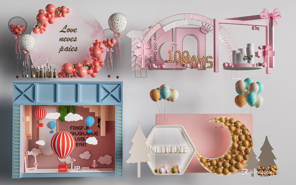 Colorful Inflatable Arch Moon Structure With Balloons Strawberries Trees And Decorative Elements 3d model 