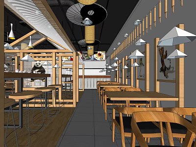 Modern Restaurant Interior With Wooden Tables Chairs And Pendant Lights Design 3d model