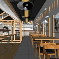Modern Restaurant Interior With Wooden Tables Chairs And Pendant Lights Design