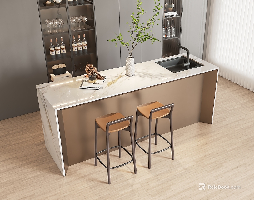 Modern Bar Counter With White Marble Top Two Brown Stools Plant Sink And Wine Racks 3d model 