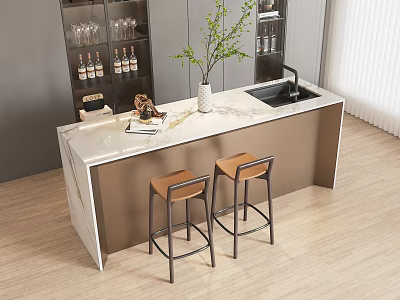 Modern Bar Counter With White Marble Top Two Brown Stools Plant Sink And Wine Racks 3d model